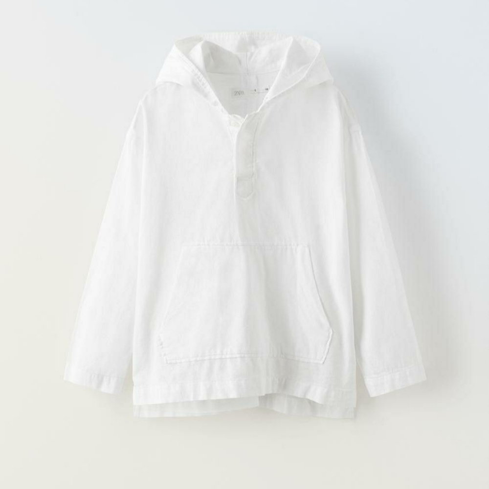 NEW Zara Boys 13/14 White Cotton Linen Hooded Pullover Beach Shirt Top